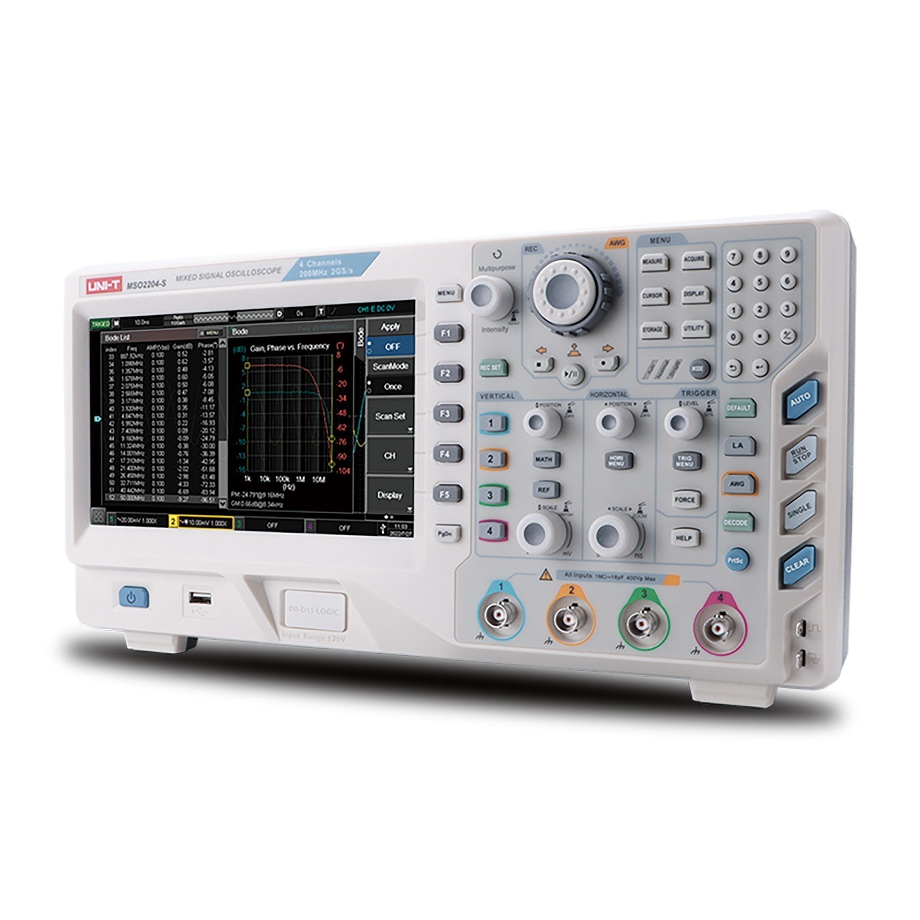 UNI-T MSO2204S 200 MHz 4-Channel Mixed Signal Oscilloscope – 2GSa/s, 56MPTS - a front display showing a Bode plot, control knobs, buttons, and four input BNC connectors.