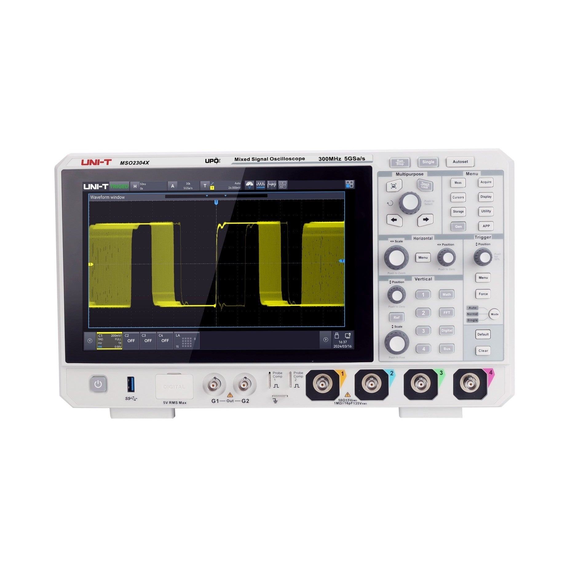 UNI-T MSO2204X 200 MHz 4-Channel Mixed Signal Oscilloscope – 5 GSa/s (interleave) / 2.5 GSa/s (non-interleave), 1.25 GSa/s - with a white body, front display showing a yellow square wave signal, control knobs, and four input channels.