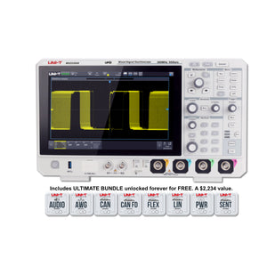 UNI-T MSO2304X 300 MHz 4-Channel Mixed Signal Oscilloscope – 5 GSa/s (interleave) / 2.5 GSa/s (non-interleave), 1.25 GSa/s - a waveform on its screen, with front panel controls, ports, and eight software bundle icons below.