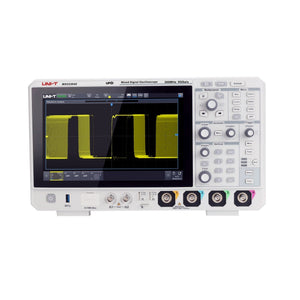 UNI-T MSO2304X 300 MHz 4-Channel Mixed Signal Oscilloscope – 5 GSa/s (interleave) / 2.5 GSa/s (non-interleave), 1.25 GSa/s - a white front panel with a digital screen displaying yellow square waveforms, control knobs, buttons, and input ports.