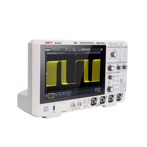 UNI-T MSO2304X 300 MHz 4-Channel Mixed Signal Oscilloscope – 5 GSa/s (interleave) / 2.5 GSa/s (non-interleave), 1.25 GSa/s - a yellow square wave on its screen, with front-facing control knobs, buttons, and input ports.