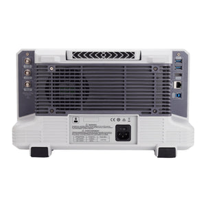 UNI-T MSO2304X 300 MHz 4-Channel Mixed Signal Oscilloscope – 5 GSa/s (interleave) / 2.5 GSa/s (non-interleave), 1.25 GSa/s - the white chassis, ventilation grille, power input, BNC connectors, USB ports, HDMI port, and Ethernet port.
