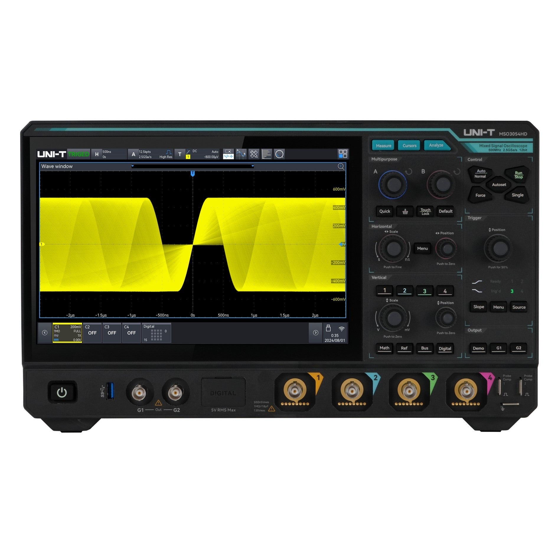 UNI-T MSO3054HD Mixed Signal Oscilloscope – 500 MHz, 4 Analog + 16 Digital Ch, 12-Bit, 2.5 GSa/s, 500 Mpts, 10.1" Touch, HD Bench Oscilloscope - a 10.1-inch screen displaying a yellow waveform, control knobs, buttons, and four analog input channels.