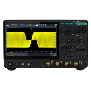 UNI-T MSO3054HD Mixed Signal Oscilloscope – 500 MHz, 4 Analog + 16 Digital Ch, 12-Bit, 2.5 GSa/s, 500 Mpts, 10.1" Touch, HD Bench Oscilloscope - a 10.1-inch screen displaying a yellow waveform, control knobs, buttons, and four analog input channels.