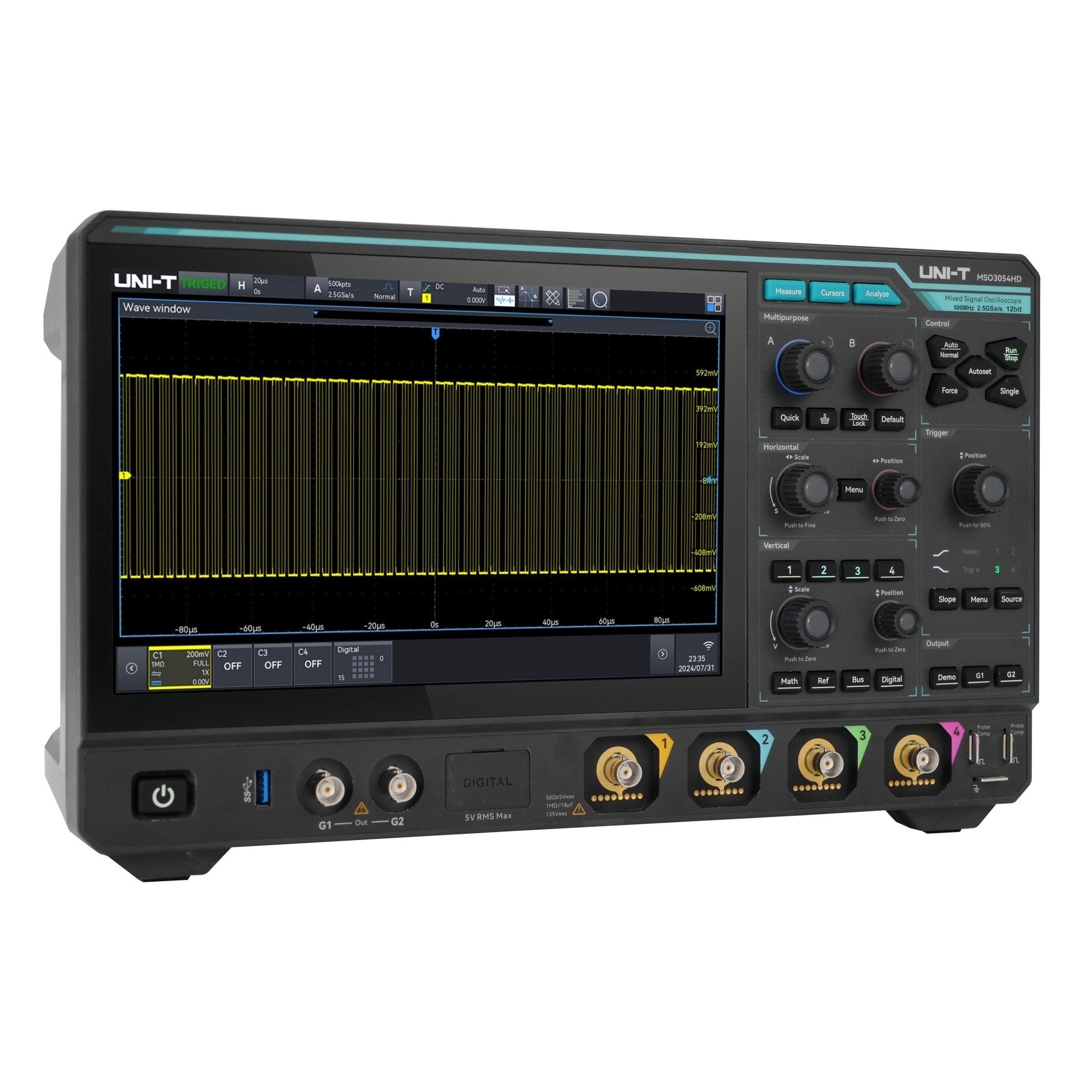 UNI-T MSO3054HD Mixed Signal Oscilloscope – 500 MHz, 4 Analog + 16 Digital Ch, 12-Bit, 2.5 GSa/s, 500 Mpts, 10.1" Touch, HD Bench Oscilloscope - a black benchtop unit with a 10.1-inch display showing a yellow waveform, control knobs, and front-panel ports.