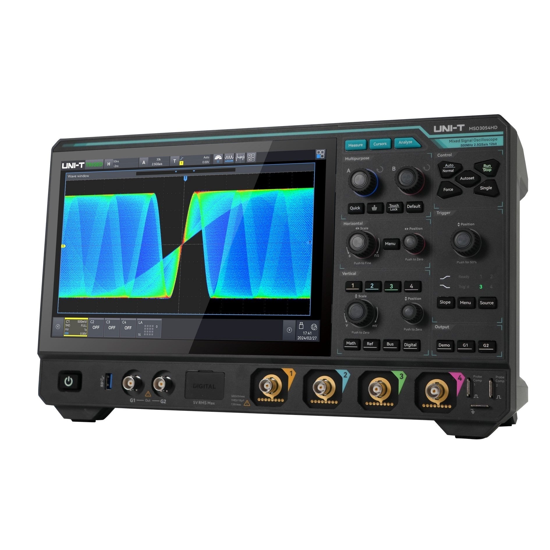 UNI-T MSO3054HD Mixed Signal Oscilloscope – 500 MHz, 4 Analog + 16 Digital Ch, 12-Bit, 2.5 GSa/s, 500 Mpts, 10.1" Touch, HD Bench Oscilloscope - a large touchscreen displaying a colorful waveform, with front-panel control knobs, buttons, and input ports.