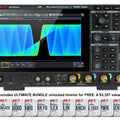 UNI-T MSO3054X 500 MHz 4-Channel Mixed Signal Oscilloscope – 5 GSa/s (interleave) / 2.5 GSa/s (non-interleave), 1.25 GSa/s - a colorful waveform on its screen, with control knobs, buttons, ports, and ten software option cards displayed below.