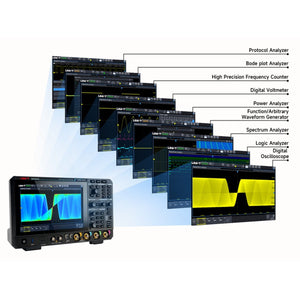 UNI-T MSO3054X 500 MHz 4-Channel Mixed Signal Oscilloscope – 5 GSa/s (interleave) / 2.5 GSa/s (non-interleave), 1.25 GSa/s - its black front panel with knobs, buttons, and ports, plus multiple screen overlays illustrating its various functions.
