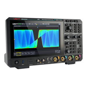 UNI-T MSO3054X 500 MHz 4-Channel Mixed Signal Oscilloscope – 5 GSa/s (interleave) / 2.5 GSa/s (non-interleave), 1.25 GSa/s - a colorful waveform on its display, with front-panel control knobs, buttons, and four input ports.