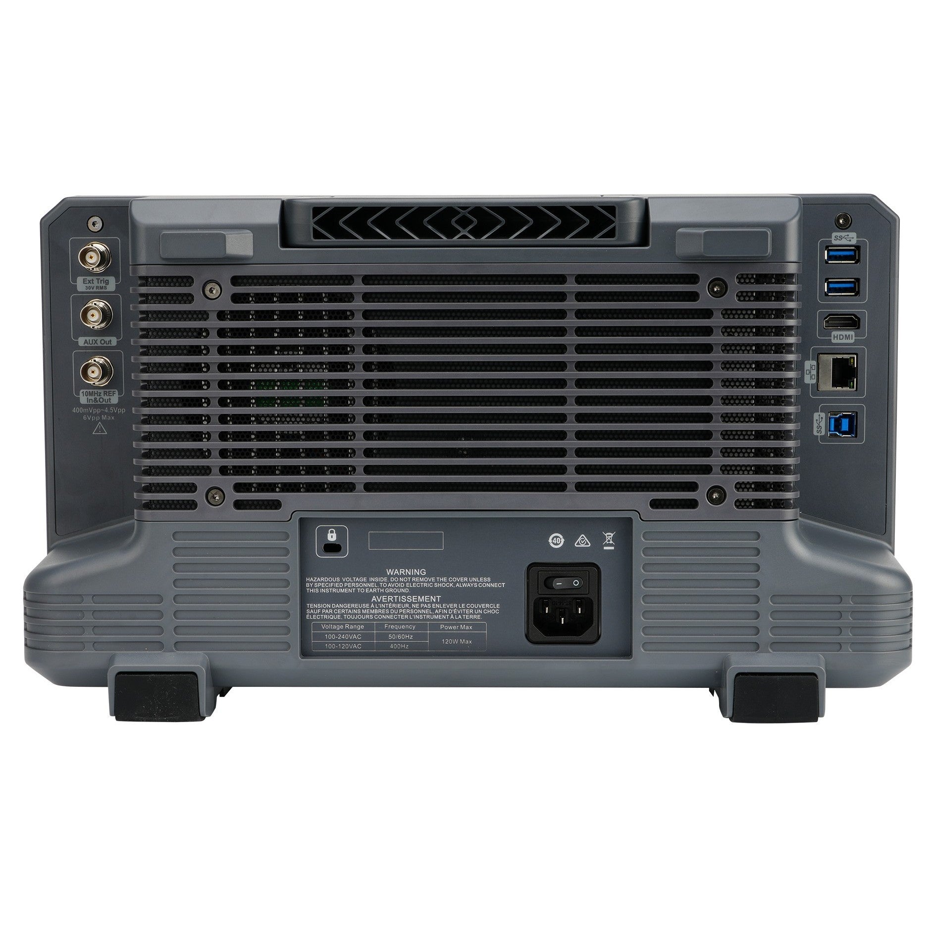 UNI-T MSO3054X 500 MHz 4-Channel Mixed Signal Oscilloscope – 5 GSa/s (interleave) / 2.5 GSa/s (non-interleave), 1.25 GSa/s - a grey plastic chassis with BNC connectors, USB ports, HDMI, Ethernet, a power socket, and a cooling vent.