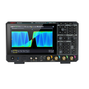 UNI-T MSO3054X 500 MHz 4-Channel Mixed Signal Oscilloscope – 5 GSa/s (interleave) / 2.5 GSa/s (non-interleave), 1.25 GSa/s - with a black chassis, front-panel knobs, buttons, four input channels, and a screen displaying a colorful waveform.