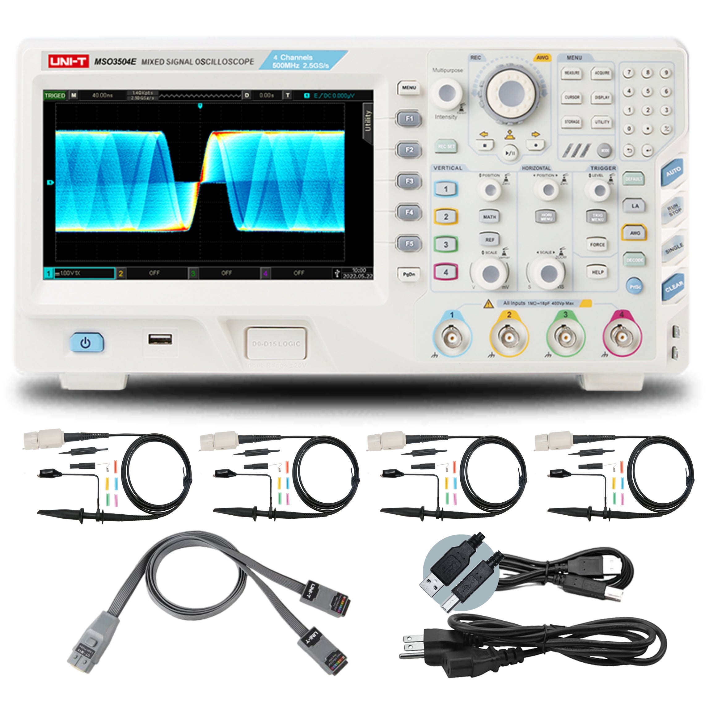UNI-T MSO3504E 500 MHz 4-Channel Mixed Signal Oscilloscope – 2.5GSa/s, 250MPTS - a waveform on its screen, with four probes, a logic analyzer cable, a USB cable, and a power cord below.