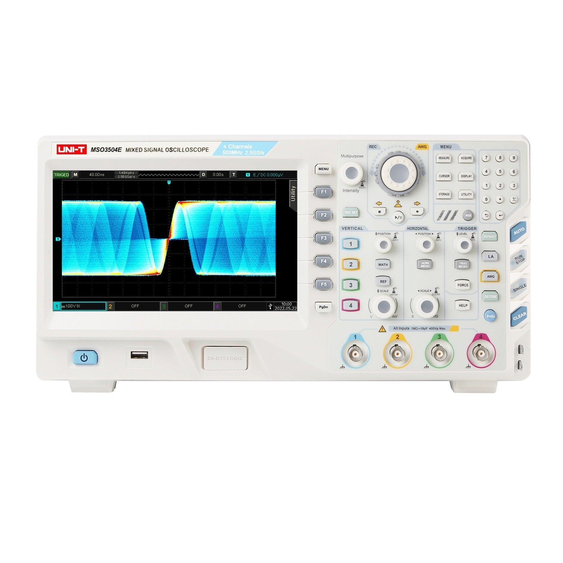 UNI-T MSO3504E 500 MHz 4-Channel Mixed Signal Oscilloscope – 2.5GSa/s, 250MPTS - a front display with waveform patterns, control buttons, knobs, and four input channels.