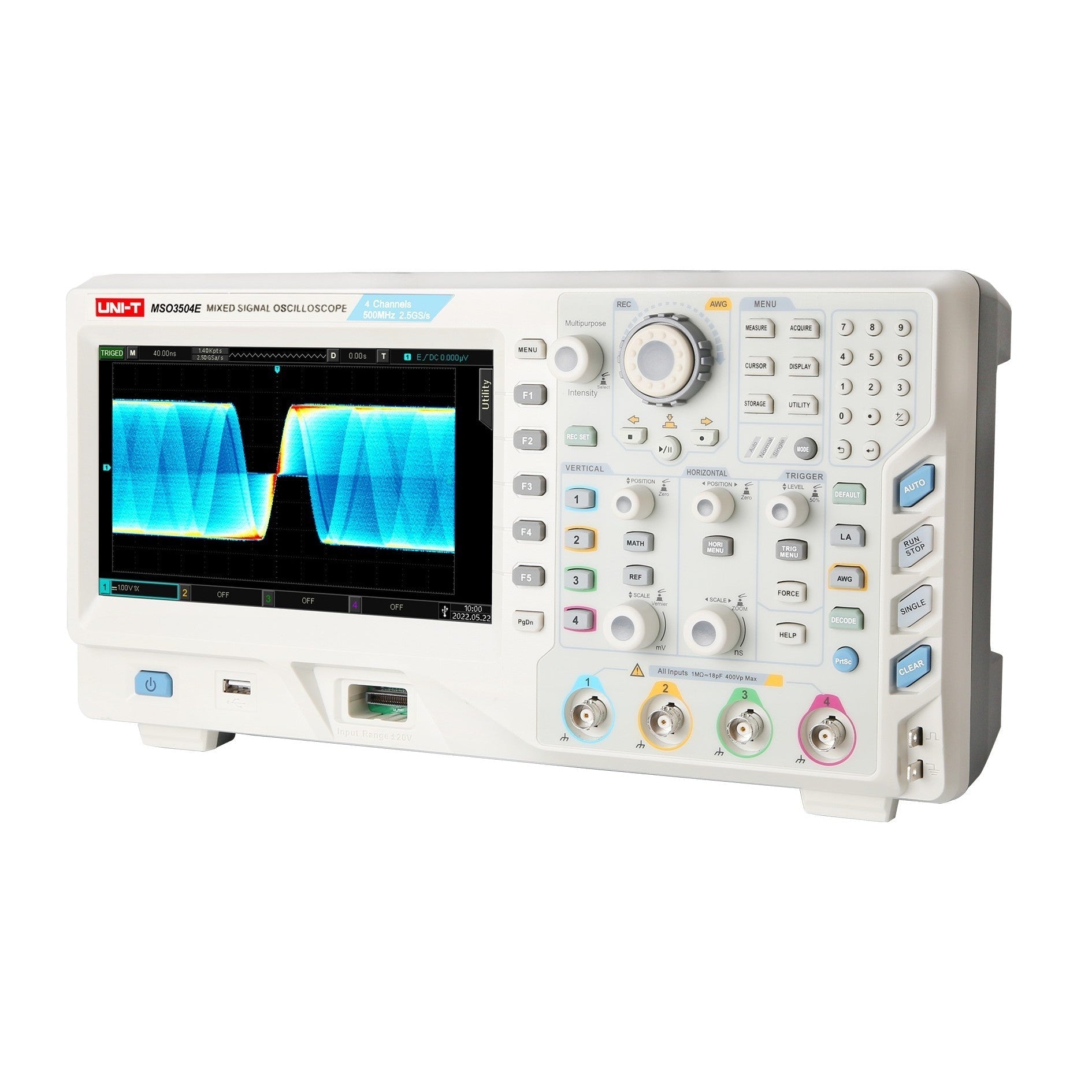 UNI-T MSO3504E 500 MHz 4-Channel Mixed Signal Oscilloscope – 2.5GSa/s, 250MPTS - a front display with a waveform, control knobs, buttons, and four input channels.