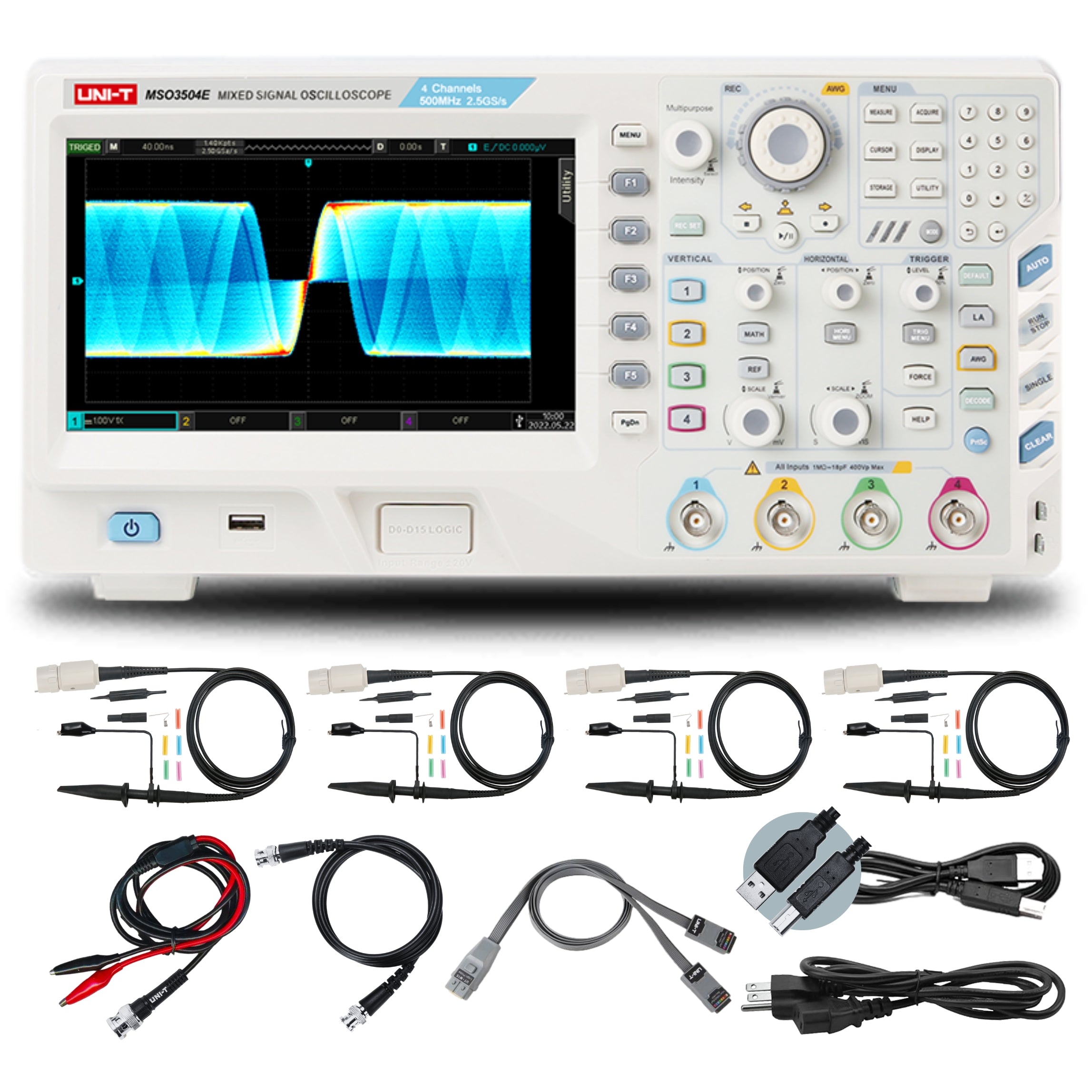 UNI-T MSO3504E-S 500 MHz 4-Channel Mixed Signal Oscilloscope – 2.5GSa/s, 250MPTS - with a white body, front display showing a waveform, control knobs, buttons, and four probes with cables and power cords.