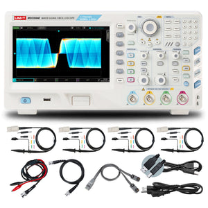 UNI-T MSO3504E-S 500 MHz 4-Channel Mixed Signal Oscilloscope – 2.5GSa/s, 250MPTS - with a white body, front display showing a waveform, control knobs, buttons, and four probes with cables and power cords.