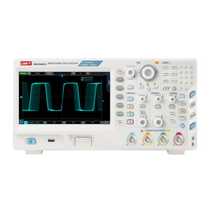UNI-T MSO3504E-S 500 MHz 4-Channel Mixed Signal Oscilloscope – 2.5GSa/s, 250MPTS - a white benchtop device with a screen displaying a square wave, front-panel knobs, buttons, and four input channels.