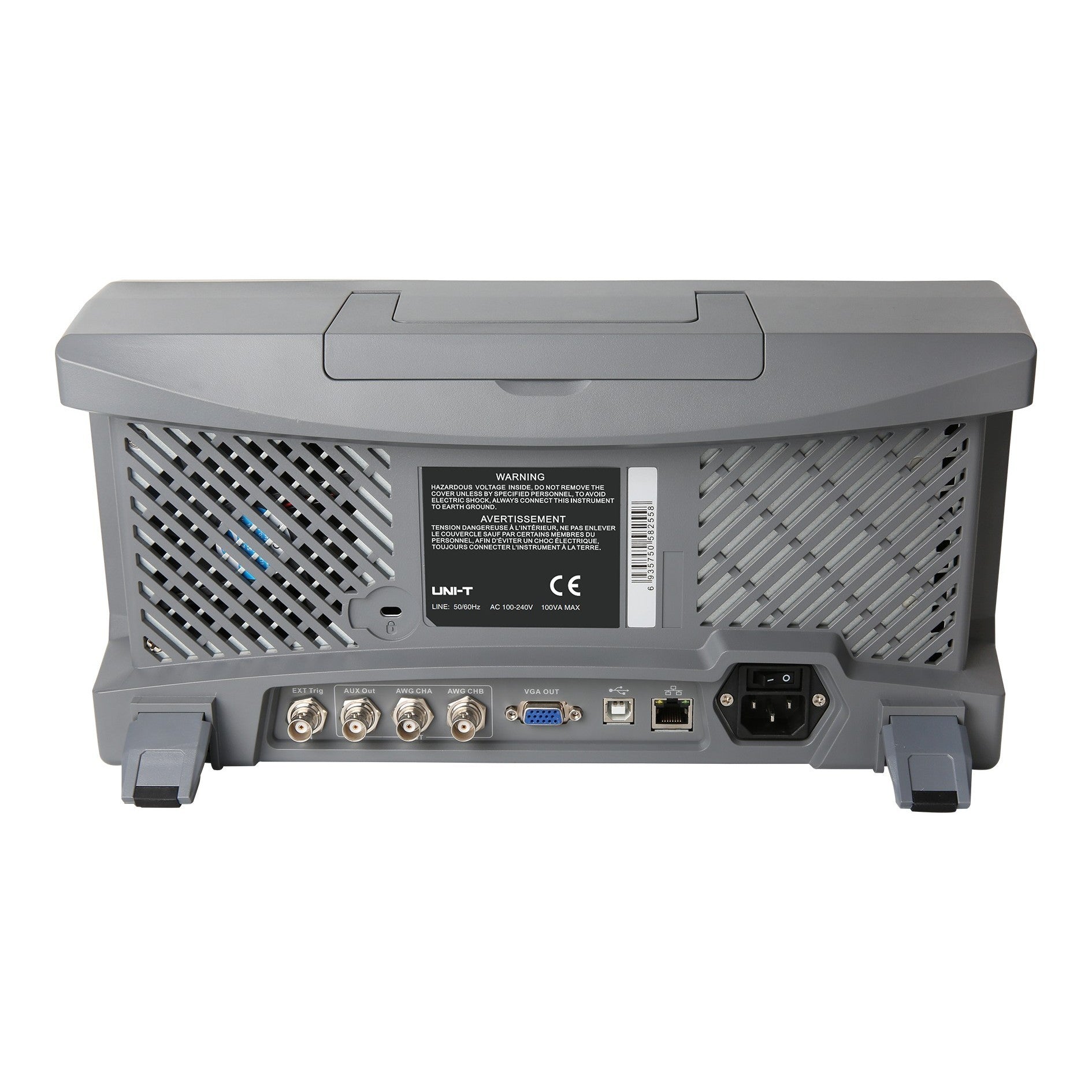 UNI-T MSO3504E-S 500 MHz 4-Channel Mixed Signal Oscilloscope – 2.5GSa/s, 250MPTS - the grey plastic casing, cooling vents, power switch, AC input, and various BNC, VGA, and USB ports.
