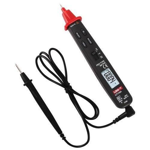 Uni t Pen Type AC DC Voltage Detector Digital Multimeter Tester UT118B - with a black and red body, an LCD screen displaying 0.004, function buttons, and an attached black test lead.