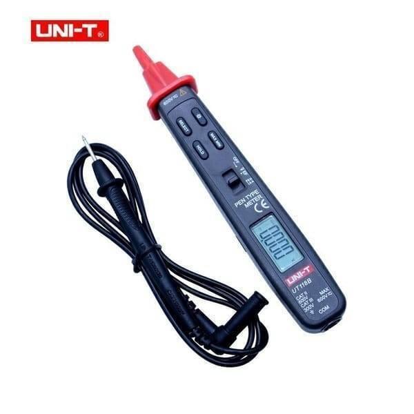 Uni t Pen Type AC DC Voltage Detector Digital Multimeter Tester UT118B - a black handheld device with an LCD screen, control buttons, and a detachable black test lead.