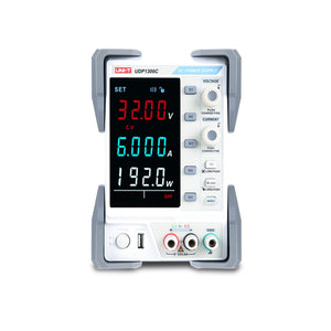 UNI-T UDP1306C 192W Linear DC Power Supply – Single Channel, 0–32V / 0–6A, 10 mV / 1 mA, USB / RS232 - a white and grey unit with a digital display reading 32.00V, 6.000A, and 192.0W, plus front-panel knobs and ports.