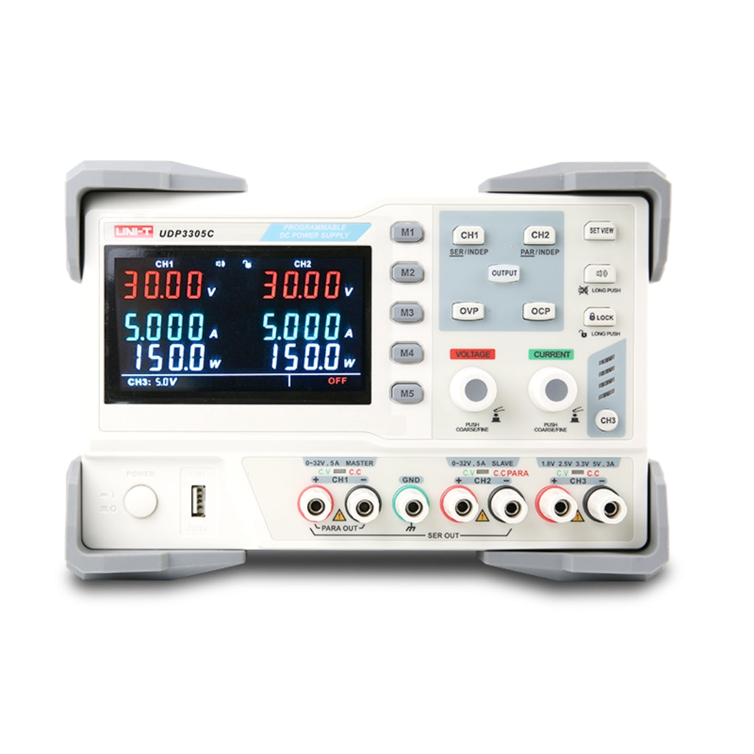 UNI-T UDP3305C 315W Programmable Linear DC Power Supply – 3 Channel, 2× 30V/5A + 5V/3.2A, 10 mV / 1 mA, USB / RS232 - a white and grey unit with a digital display, control knobs, buttons, and output terminals.