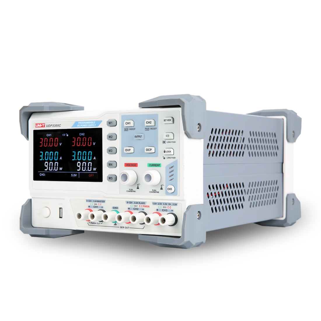 UNI-T UDP3305C 315W Programmable Linear DC Power Supply – 3 Channel, 2× 30V/5A + 5V/3.2A, 10 mV / 1 mA, USB / RS232 - a white and grey unit with a digital display, control buttons, knobs, and front-panel output ports.