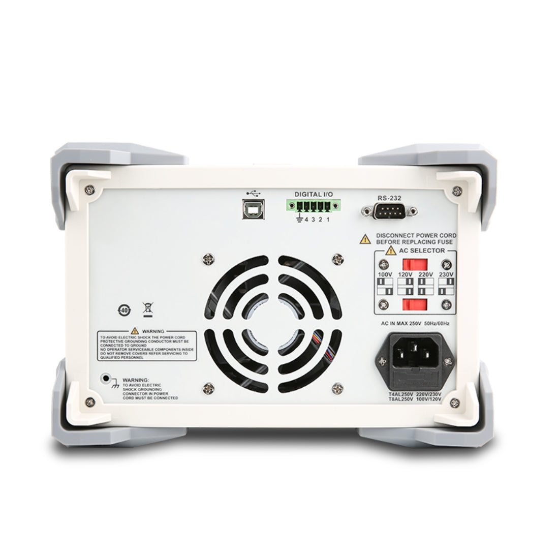 UNI-T UDP3305C 315W Programmable Linear DC Power Supply – 3 Channel, 2× 30V/5A + 5V/3.2A, 10 mV / 1 mA, USB / RS232 - a cooling fan, USB port, digital I/O, RS-232 port, AC voltage selector switch, and power input socket.