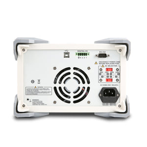 UNI-T UDP3305C 315W Programmable Linear DC Power Supply – 3 Channel, 2× 30V/5A + 5V/3.2A, 10 mV / 1 mA, USB / RS232 - a cooling fan, USB port, digital I/O, RS-232 port, AC voltage selector switch, and power input socket.