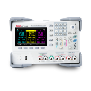 UNI-T UDP3305S 328W Programmable Linear DC Power Supply – 4 Channel, 2× 30V/5A + 6V/3A + 5V/2A, 1 mV / 1 mA, LAN / USB / RS232 - a white unit with a color display, keypad, control knobs, and front-panel output ports.
