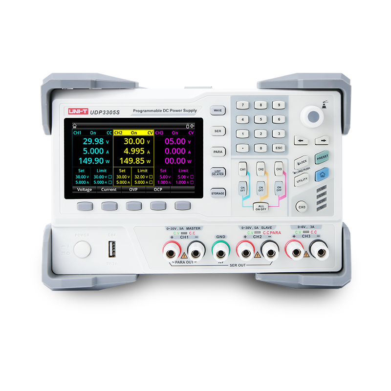 UNI-T UDP3305S 328W Programmable Linear DC Power Supply – 4 Channel, 2× 30V/5A + 6V/3A + 5V/2A, 1 mV / 1 mA, LAN / USB / RS232 - a white unit with a color display, keypad, control knobs, and front-panel output ports.