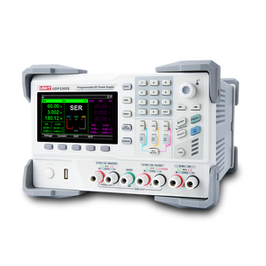 UNI-T UDP3305S 328W Programmable Linear DC Power Supply – 4 Channel, 2× 30V/5A + 6V/3A + 5V/2A, 1 mV / 1 mA, LAN / USB / RS232 - a grey and white unit with a digital display, keypad, control knobs, and front-panel output ports.