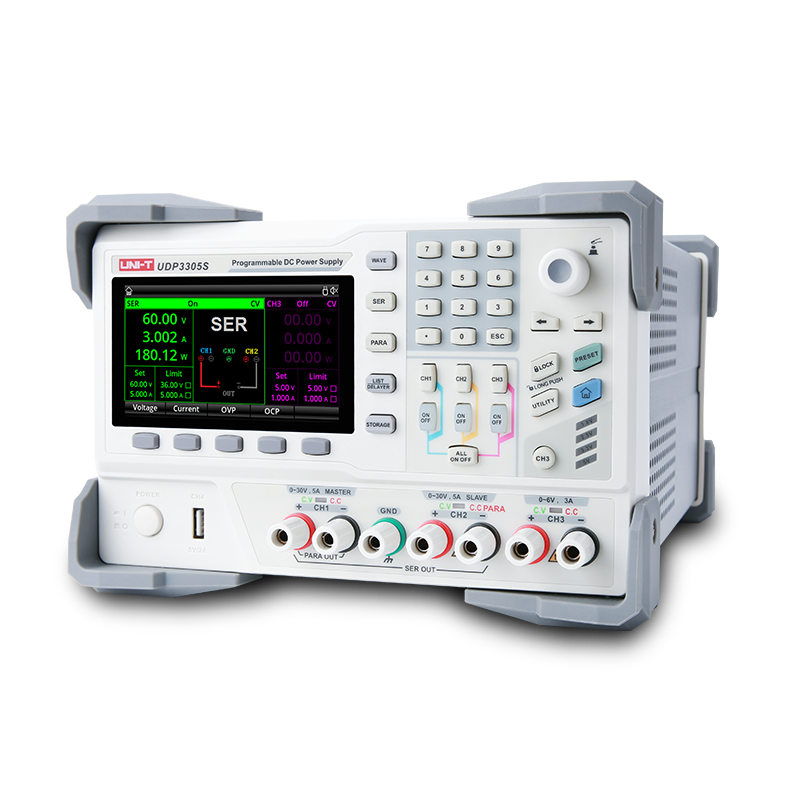 UNI-T UDP3305S 328W Programmable Linear DC Power Supply – 4 Channel, 2× 30V/5A + 6V/3A + 5V/2A, 1 mV / 1 mA, LAN / USB / RS232 - a grey and white unit with a digital display, keypad, control knobs, and front-panel output ports.
