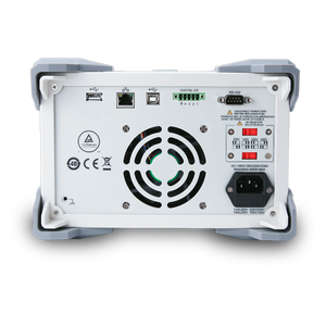 UNI-T UDP3305S 328W Programmable Linear DC Power Supply – 4 Channel, 2× 30V/5A + 6V/3A + 5V/2A, 1 mV / 1 mA, LAN / USB / RS232 - a cooling fan, USB ports, Ethernet, RS-232, digital I/O, AC power input, and a voltage selector switch.