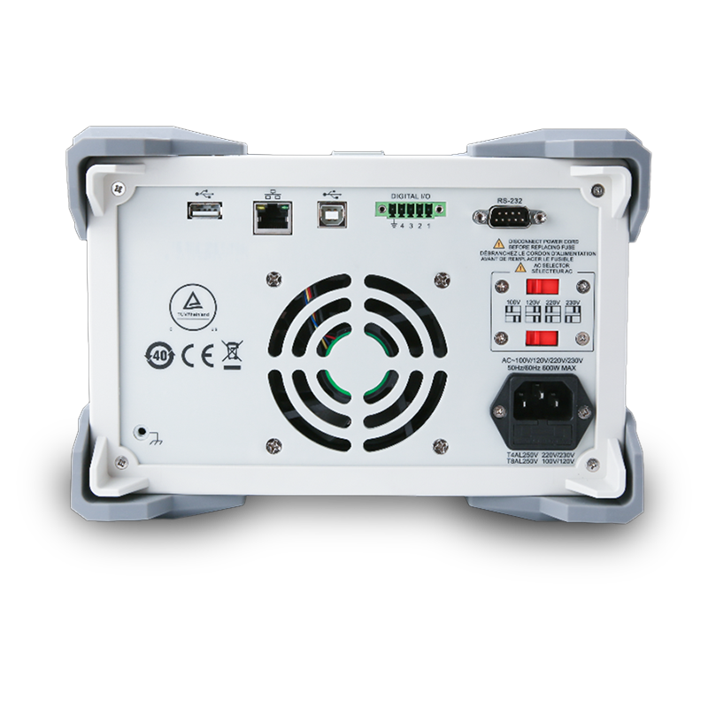 UNI-T UDP3305S 328W Programmable Linear DC Power Supply – 4 Channel, 2× 30V/5A + 6V/3A + 5V/2A, 1 mV / 1 mA, LAN / USB / RS232 - a cooling fan, USB ports, Ethernet, RS-232, digital I/O, AC power input, and a voltage selector switch.