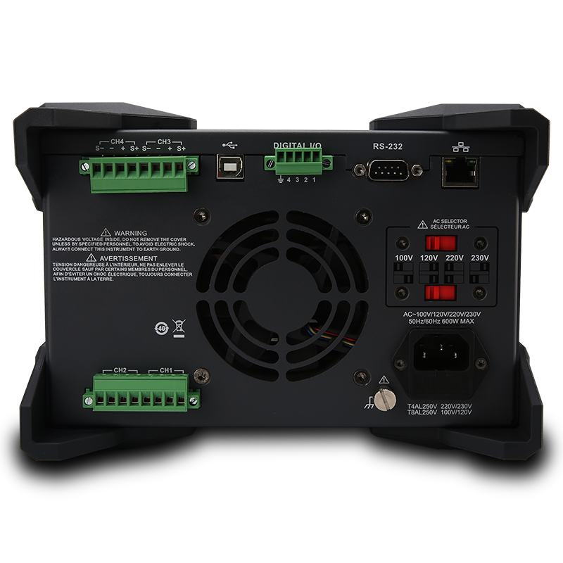 UNI-T UDP4303S 4-Channel Programmable DC Power Supply – 297W, 0–32V/3A ×2 + 15V/3A + 6V/10A, 1mV/1µA Resolution, USB Data Logging, RS-232/USB/LAN - a cooling fan, AC voltage selector, power input, LAN, RS-232, USB, digital I/O, and four channel terminal blocks.