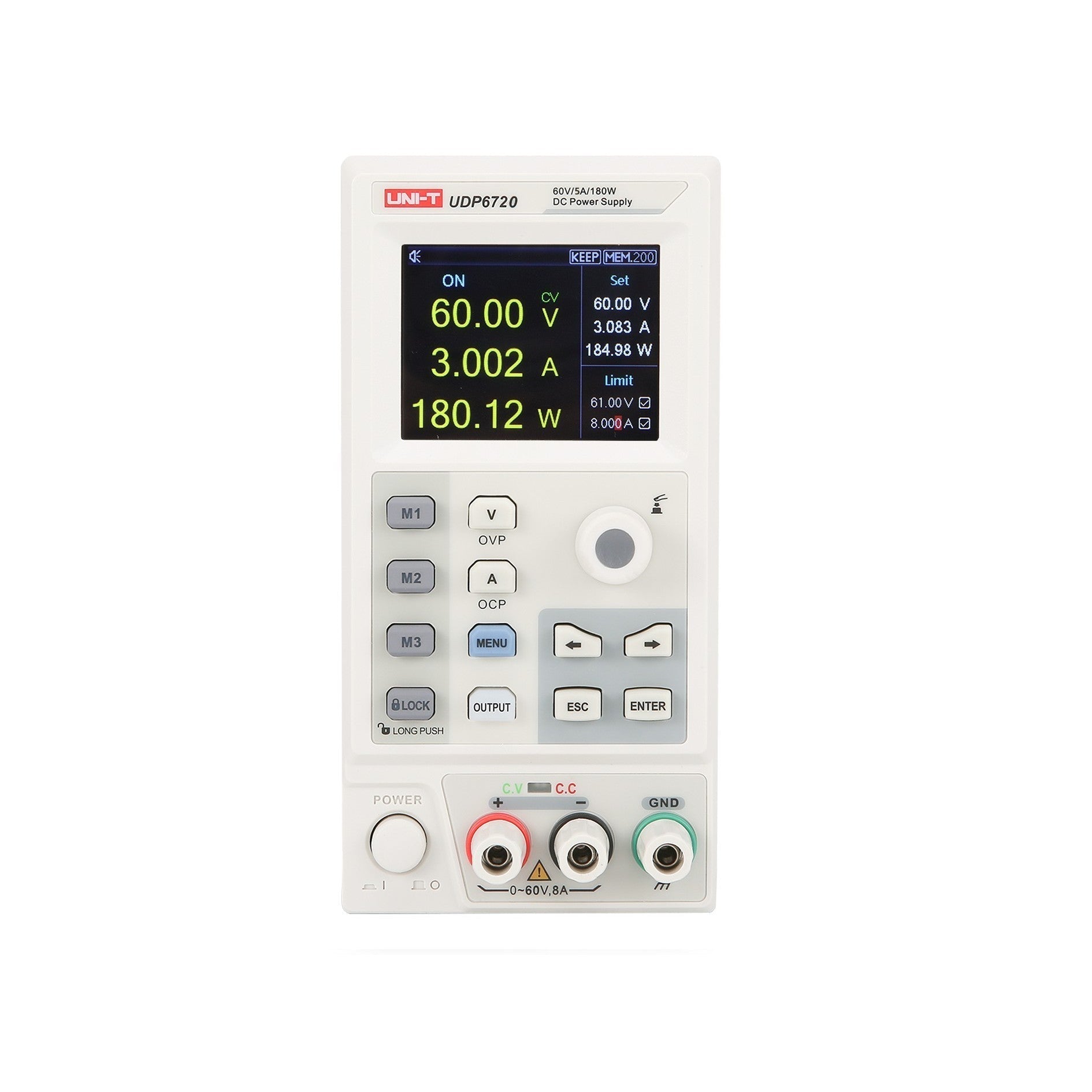 UNI-T UDP6720 Programmable DC Power Supply – 100 W Single-Channel, 0–60V / 0–5A, SCPI/RS-232, List Mode, 4.3" LCD - a white vertical unit with a front LCD screen showing 60.00V and 3.002A, control buttons, a rotary knob, and output ports.