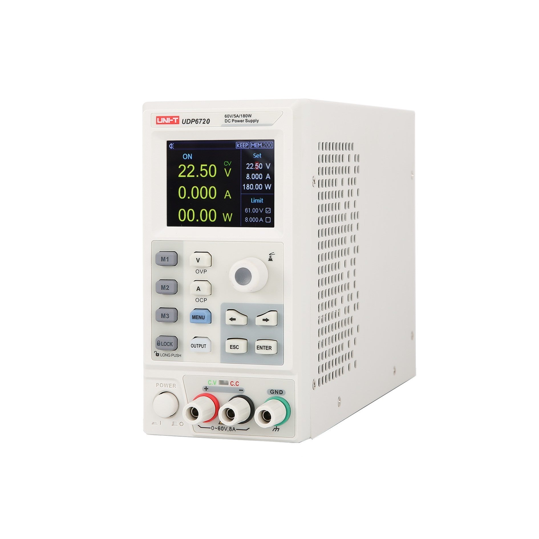 UNI-T UDP6720 Programmable DC Power Supply – 100 W Single-Channel, 0–60V / 0–5A, SCPI/RS-232, List Mode, 4.3" LCD - a white benchtop unit with a 4.3-inch LCD showing 22.50V, control buttons, a rotary knob, and three front-panel terminals.