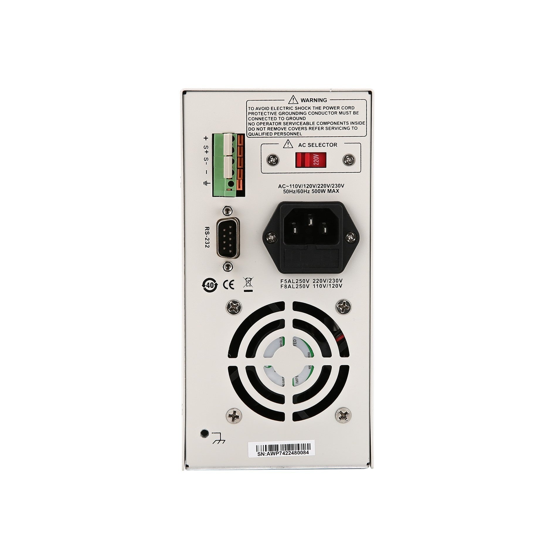UNI-T UDP6720 Programmable DC Power Supply – 100 W Single-Channel, 0–60V / 0–5A, SCPI/RS-232, List Mode, 4.3" LCD - a cooling fan, AC power input with voltage selector, RS-232 port, and terminal block.