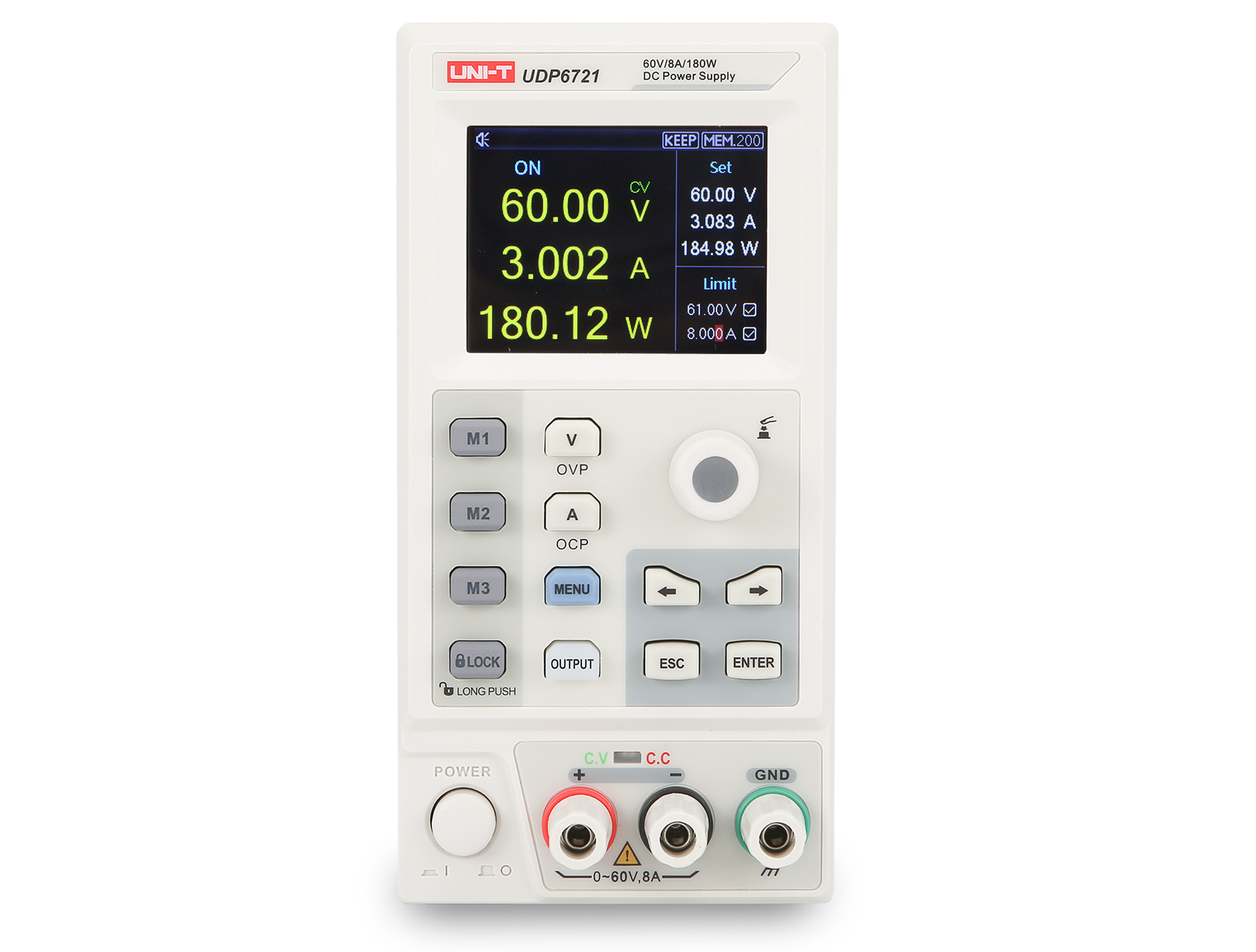 UNI-T UDP6730 360W Switching DC Power Supply – Single Channel, 0–40V / 0–30A, 10 mV / 1 mA, RS232 - with a white casing, digital display showing 60.00V and 3.002A, control buttons, a rotary knob, and front output ports.