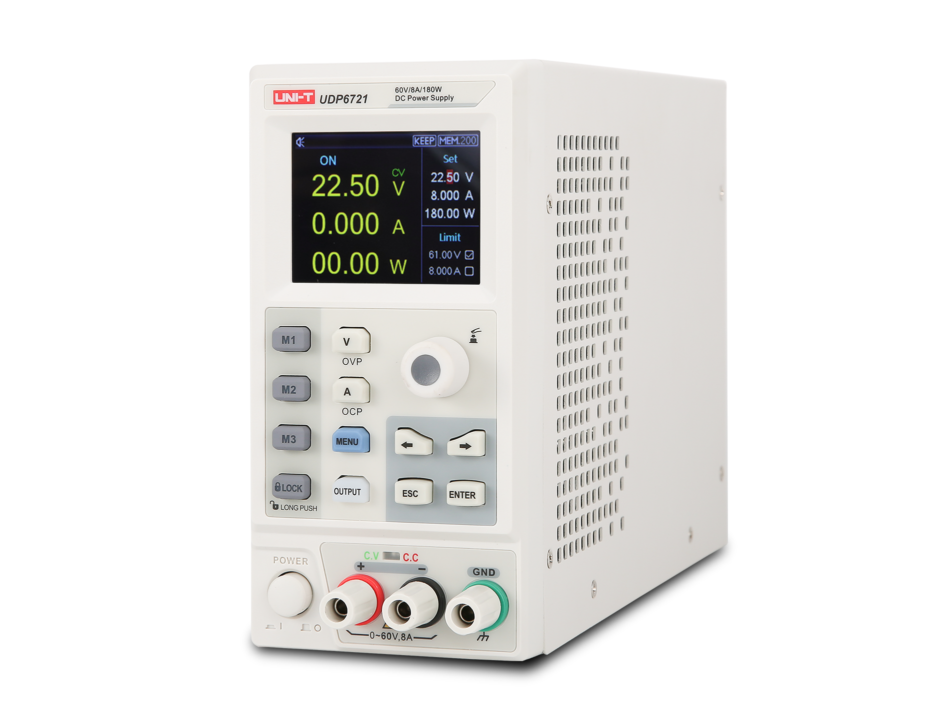 UNI-T UDP6730 360W Switching DC Power Supply – Single Channel, 0–40V / 0–30A, 10 mV / 1 mA, RS232 - a white benchtop unit with a digital display showing 22.50 V, 0.000 A, and 00.00 W, control buttons, and output terminals.