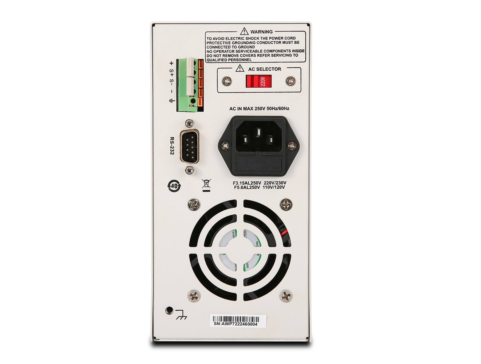 UNI-T UDP6730 360W Switching DC Power Supply – Single Channel, 0–40V / 0–30A, 10 mV / 1 mA, RS232 - an AC power input, voltage selector switch, RS-232 port, terminal block, cooling fan, and grounding symbol.