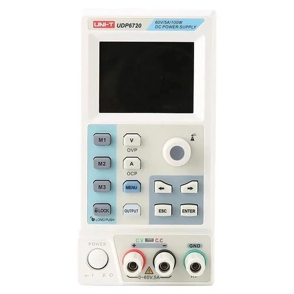UNI-T UDP6730 360W Switching DC Power Supply – Single Channel, 0–40V / 0–30A, 10 mV / 1 mA, RS232 - a white vertical device with a blank screen, control buttons, a rotary knob, and three output terminals at the base.