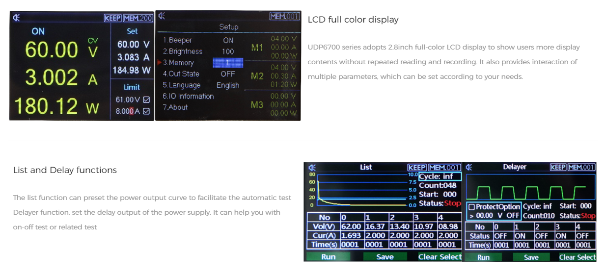 UNI-T UDP6730 360W Switching DC Power Supply – Single Channel, 0–40V / 0–30A, 10 mV / 1 mA, RS232 - the 2.8-inch color LCD interface, displaying voltage, current, power output settings, setup menus, and list/delay function screens.
