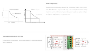 UNI-T UDP6730 360W Switching DC Power Supply – Single Channel, 0–40V / 0–30A, 10 mV / 1 mA, RS232 - operating area graphs for two models and a schematic illustration of a remote compensation function.