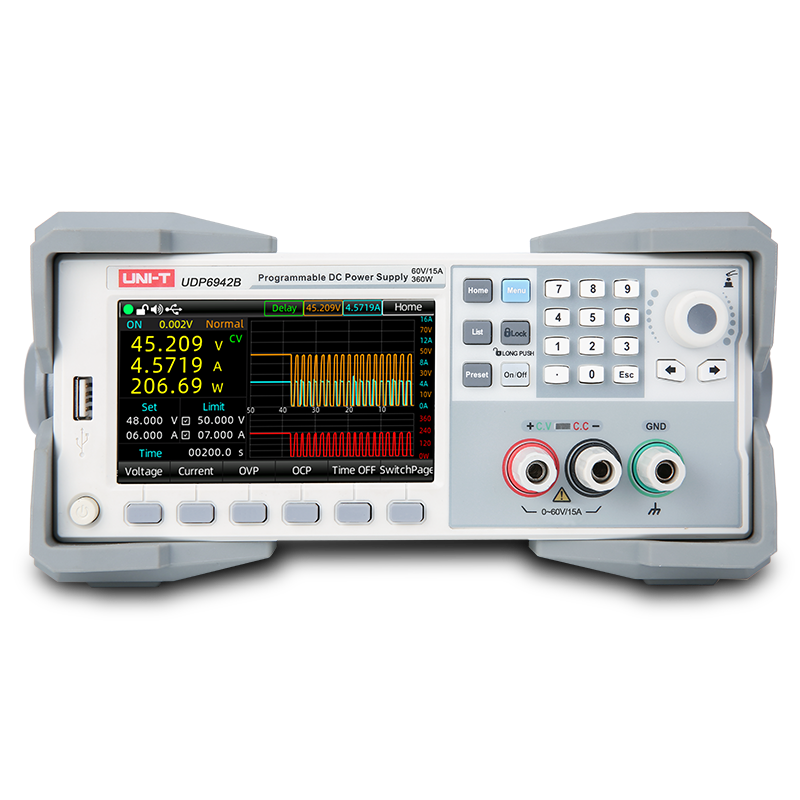 UNI-T UDP6953B 600W Programmable DC Power Supply – Single Channel, 0–150V / 0–10A, 1 mV / 0.1 mA, RS232 / RS485 / USB / LAN - a grey benchtop unit with a digital screen displaying voltage, current, power, and a waveform graph.