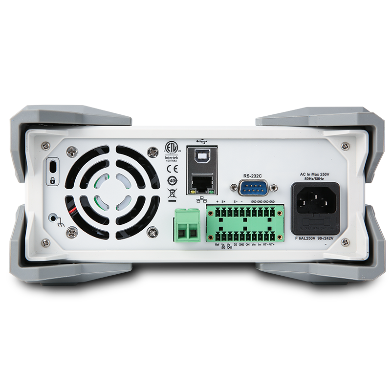 UNI-T UDP6953B 600W Programmable DC Power Supply – Single Channel, 0–150V / 0–10A, 1 mV / 0.1 mA, RS232 / RS485 / USB / LAN - rear panel view showing a cooling fan, USB, Ethernet, RS-232C ports, AC power input, and various screw terminal connectors.