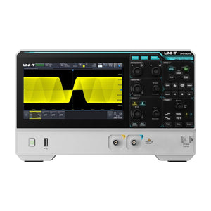 UNI-T UPO1082HD 80 MHz 2-Channel Digital Storage Oscilloscope – 1.25 GSa/s (single channel), 625 MSa/s (dual channels), 100 Mpts - a white and grey benchtop unit with a screen displaying a yellow waveform, control knobs, buttons, and two input ports.