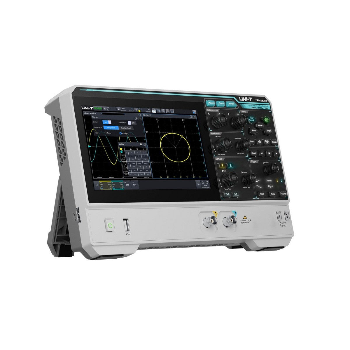 UNI-T UPO1082HD 80 MHz 2-Channel Digital Storage Oscilloscope – 1.25 GSa/s (single channel), 625 MSa/s (dual channels), 100 Mpts - white and grey, showing a front-facing screen with waveform graphs, control knobs, buttons, and two input ports.