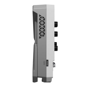 UNI-T UPO1082HD 80 MHz 2-Channel Digital Storage Oscilloscope – 1.25 GSa/s (single channel), 625 MSa/s (dual channels), 100 Mpts - a grey casing with a triangular vent pattern, three black knobs, and an HDMI port.